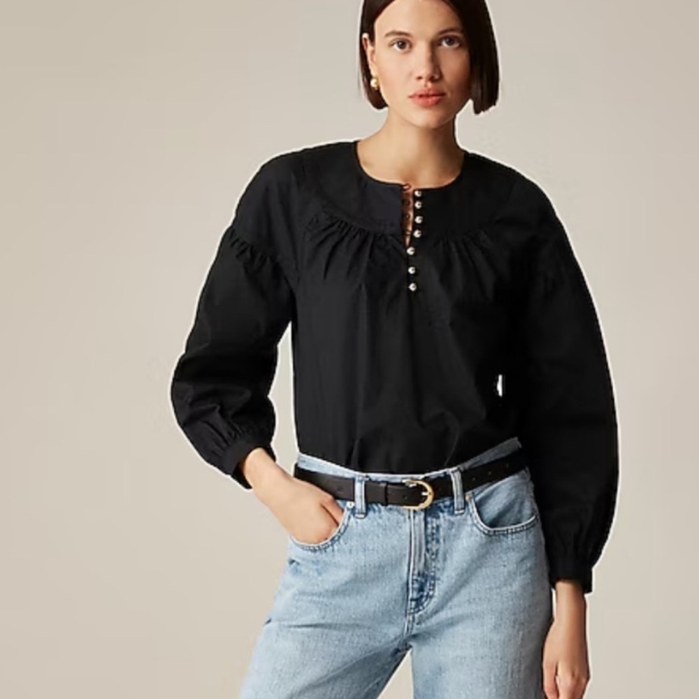 J.Crew Shirred popover top in cotton poplin in black